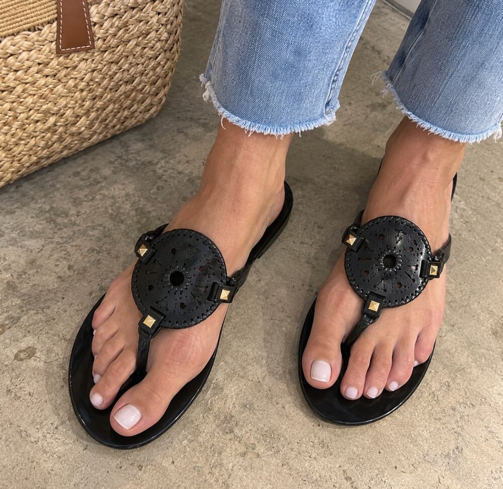 JACK ROGERS Black Jelly Thong Flat Sandals Size 10 Summer Preppy Casual Coastal